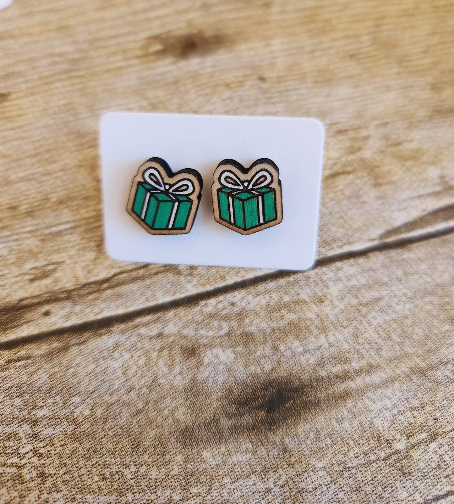 Christmas Present Wood Stud Earrings