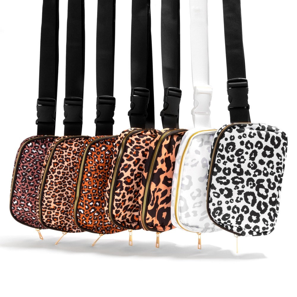 Brown Leopard Animal Print Cross Body Nylon Belt Bag
