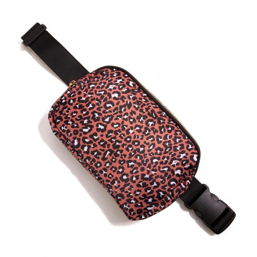 Brown Leopard Animal Print Cross Body Nylon Belt Bag