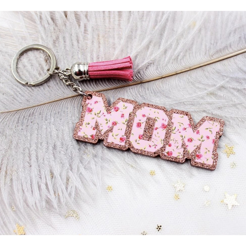 MOM Keychain Glitter Floral Acrylic