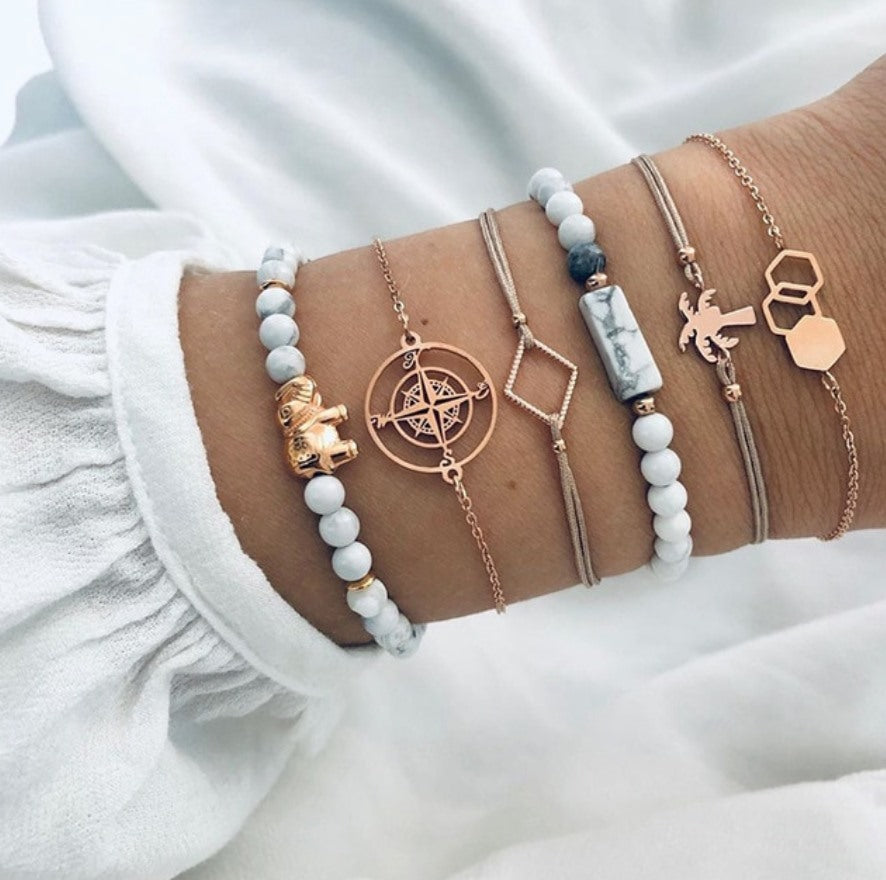 Grey Faux Marble Palm Summer Bracelet Set