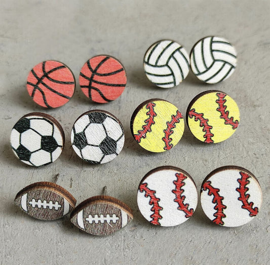 Wood Hand Painted Sports Stud Earrings
