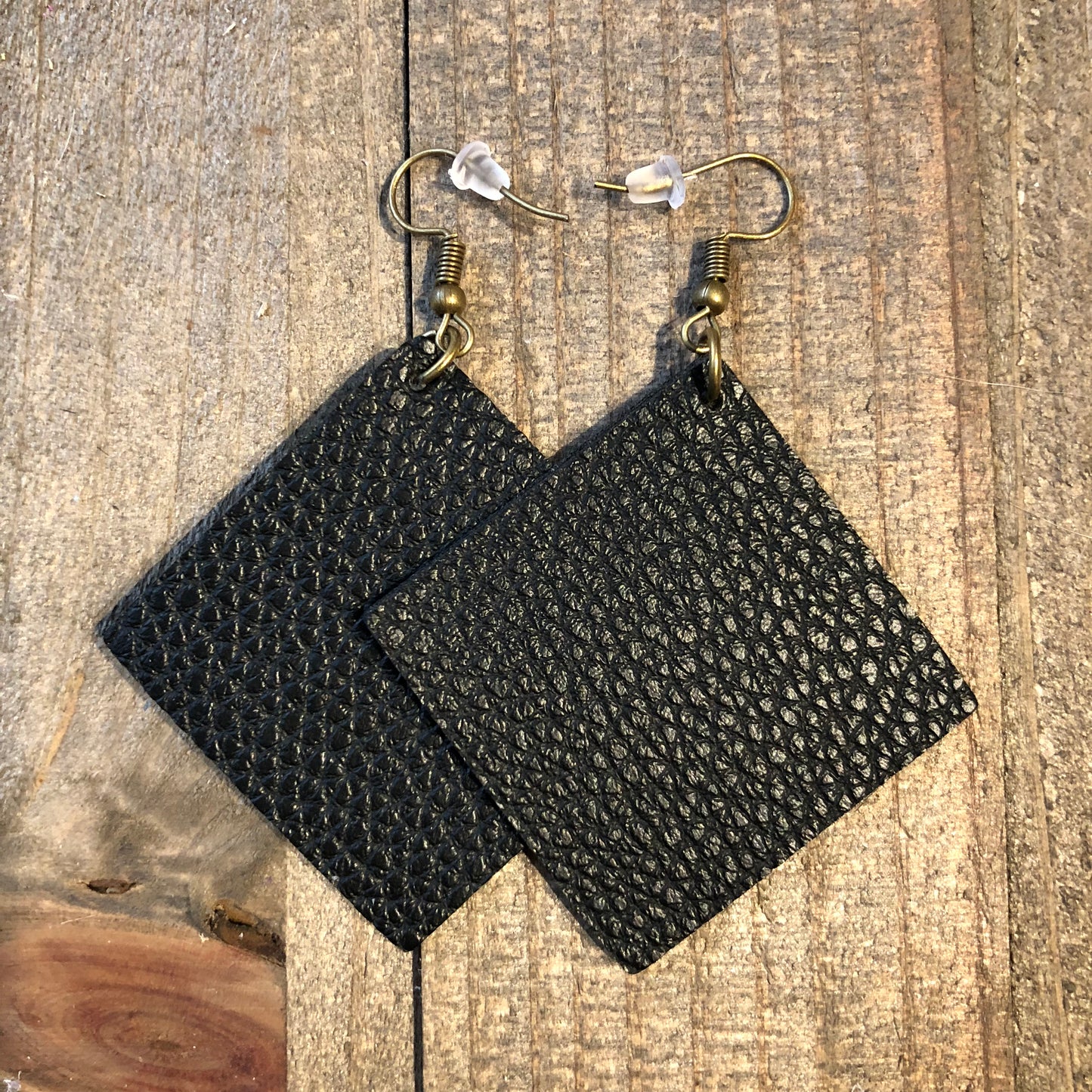 Black Square Leather Teardrop Earrings