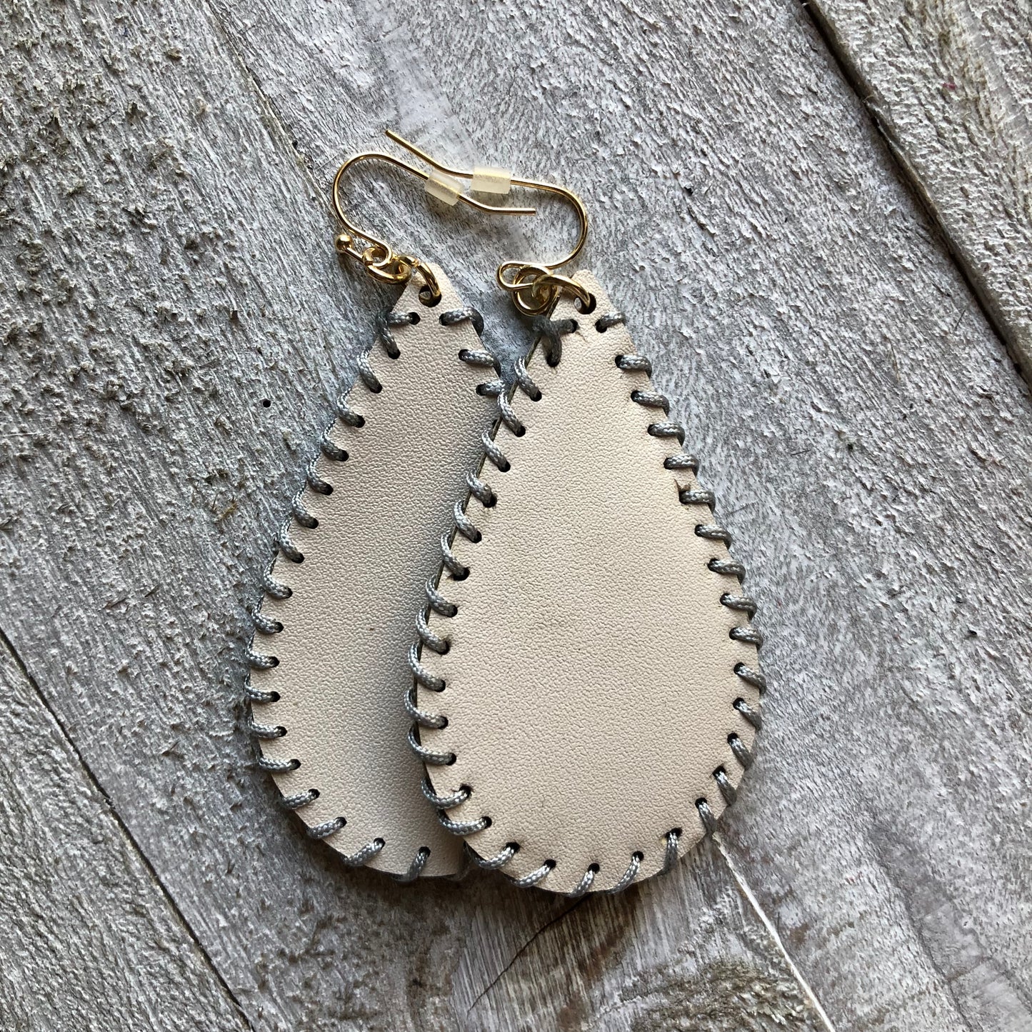 Cream Leather Stitched Earrings