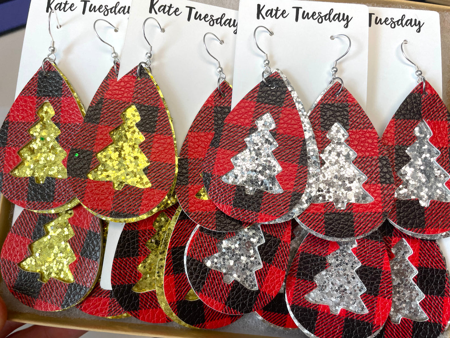 Silver Glitter Tree Plaid Leather Earrings
