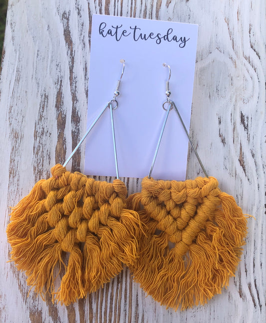 Fall Fringe Harvest Yellow Woven Silver Triangle Hang Earrings