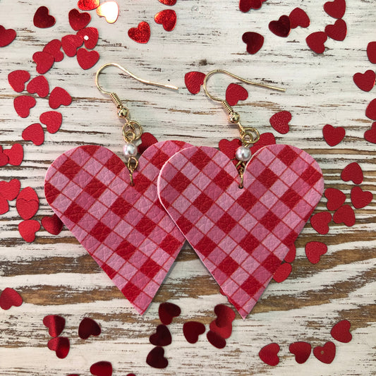Red Pink Plaid Mini Heart Leather Pearl Earrings