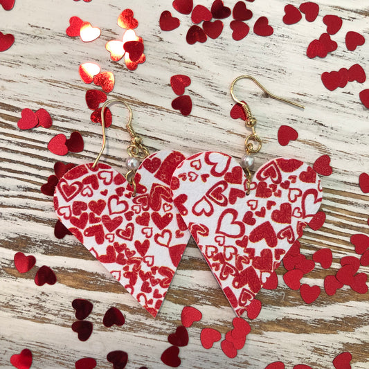 Red White Hearts Mini Heart Leather Pearl Earrings