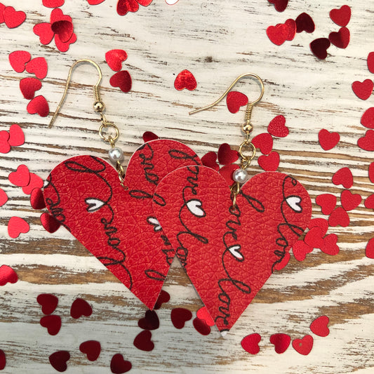 Red Love Scrawled Mini Heart Leather Pearl Earrings