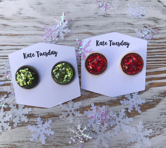 Holiday Green and Red Glitter Earrings
