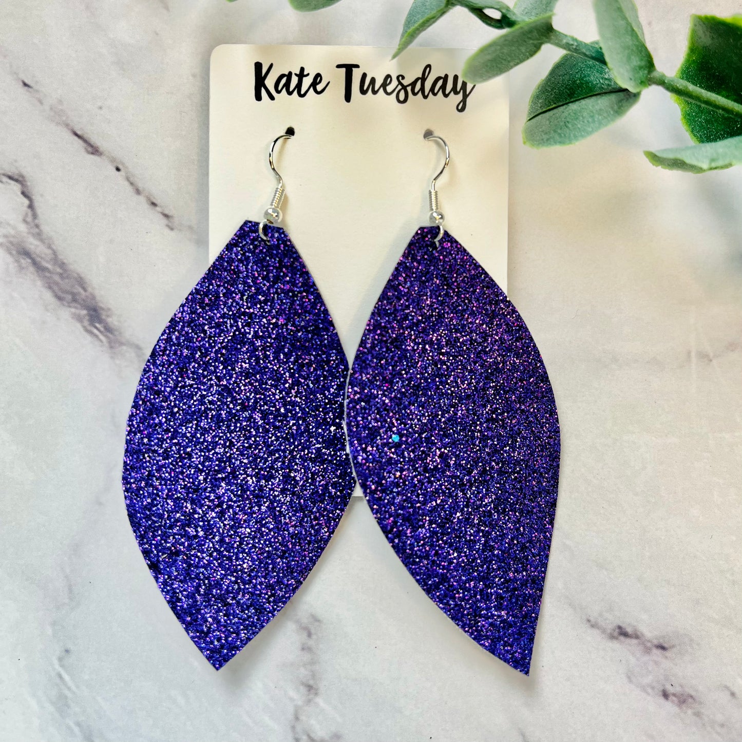 Purple Sparkle Leather Hanging Earrings