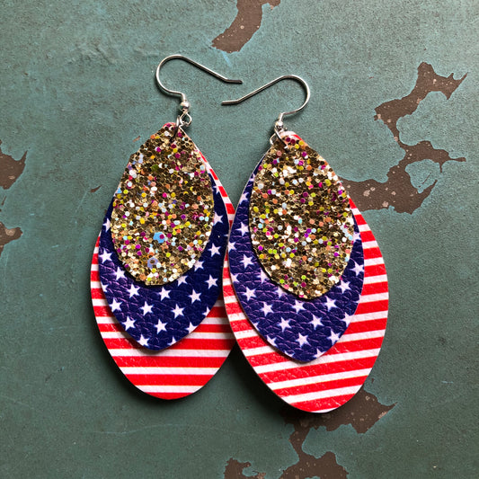 3 Layer Faux Leather Gold Glitter Red White Blue 4th of July Earrings