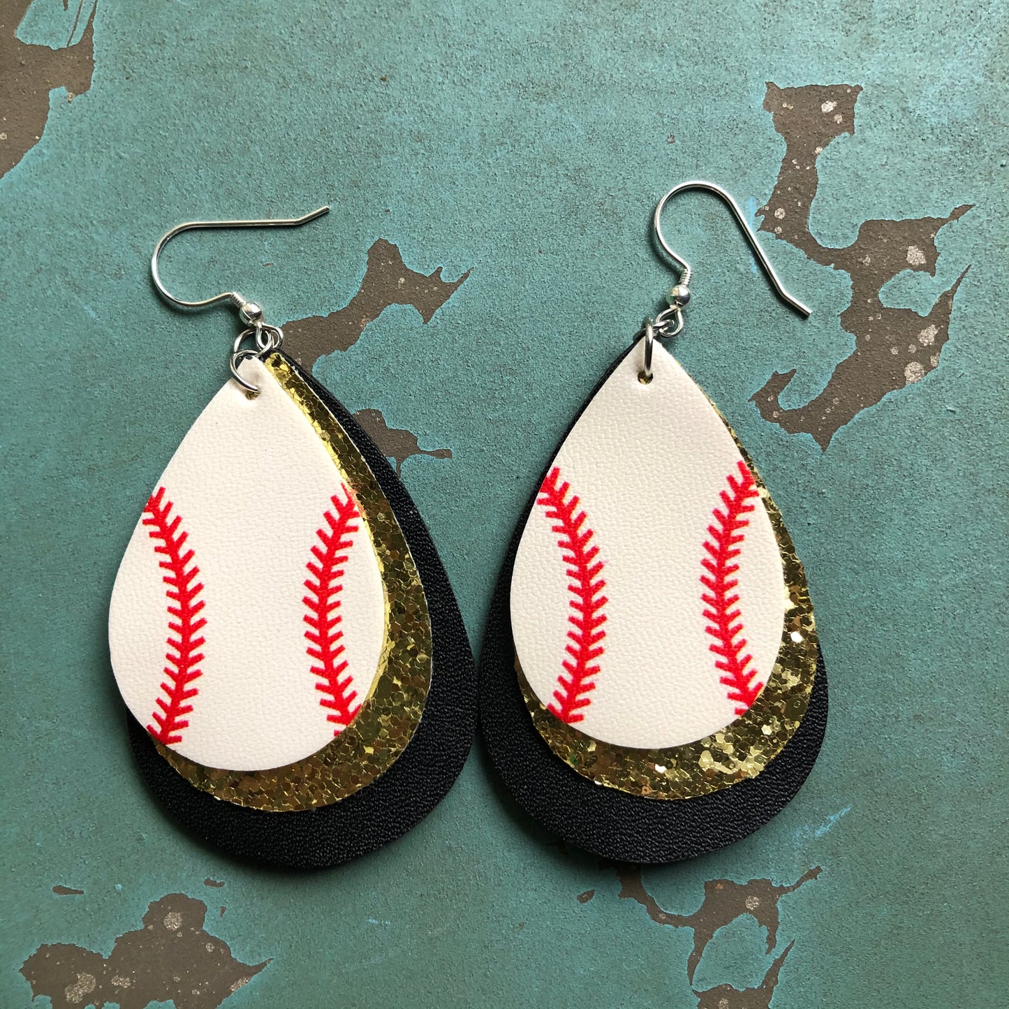 3 Layer Faux Leather Baseball Glitter Earrings