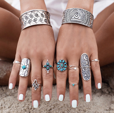 Silver Turquoise Boho Ring Set of 9 Rings Kate Tuesday Wholesale