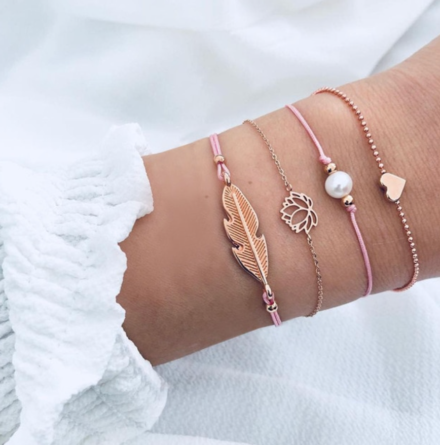 Pink Gold Feather Lotus Summer Bracelet Set