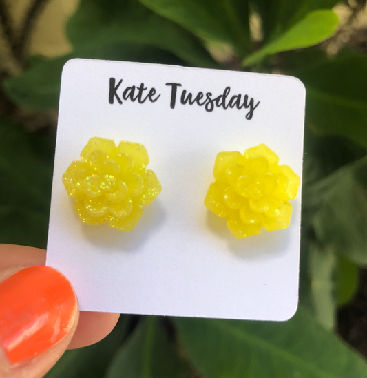 Succulent Flower Stud Earrings - Glittery Yellow