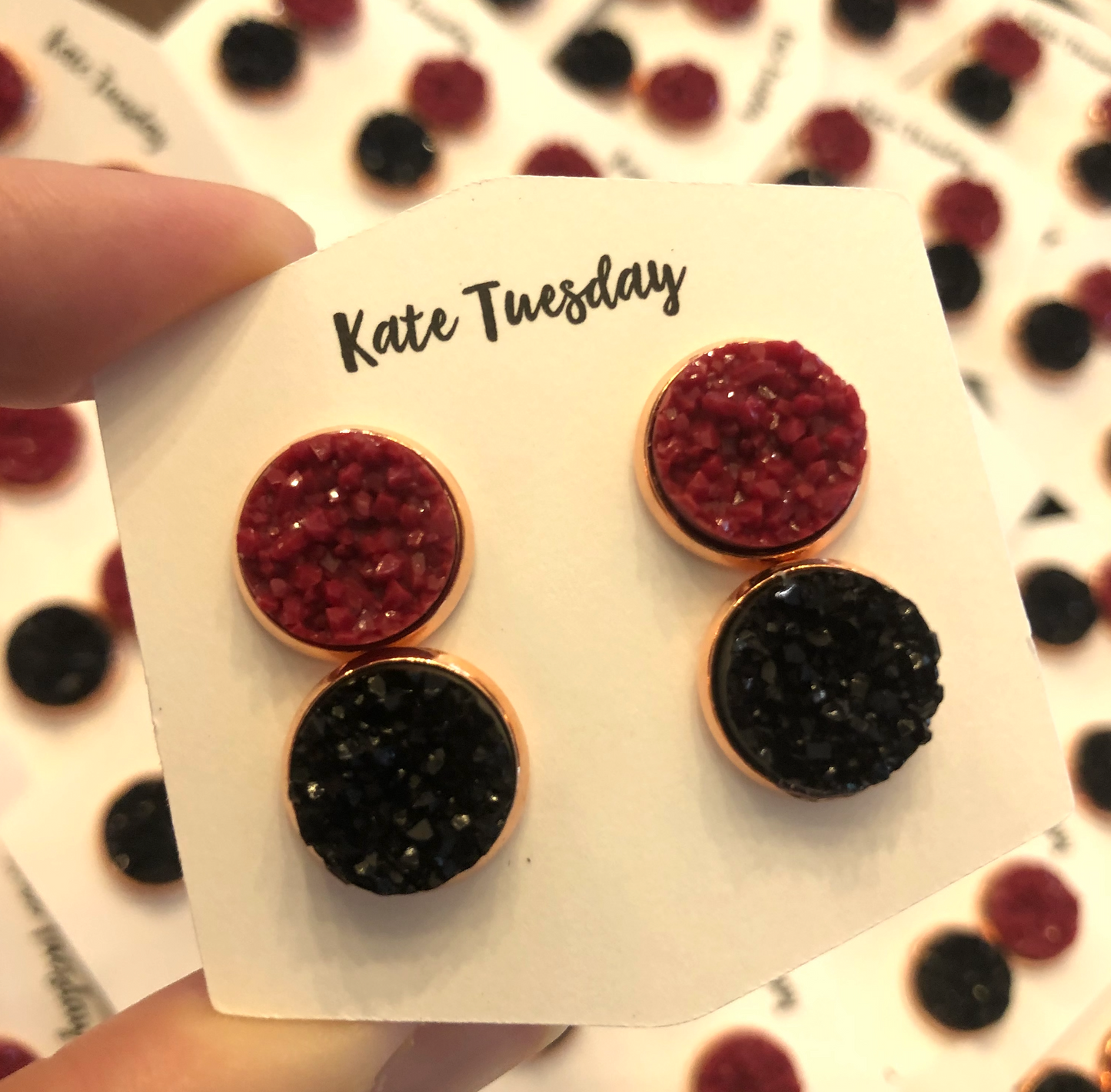 Cranberry Red + Black in Rose Gold Double Druzy Set