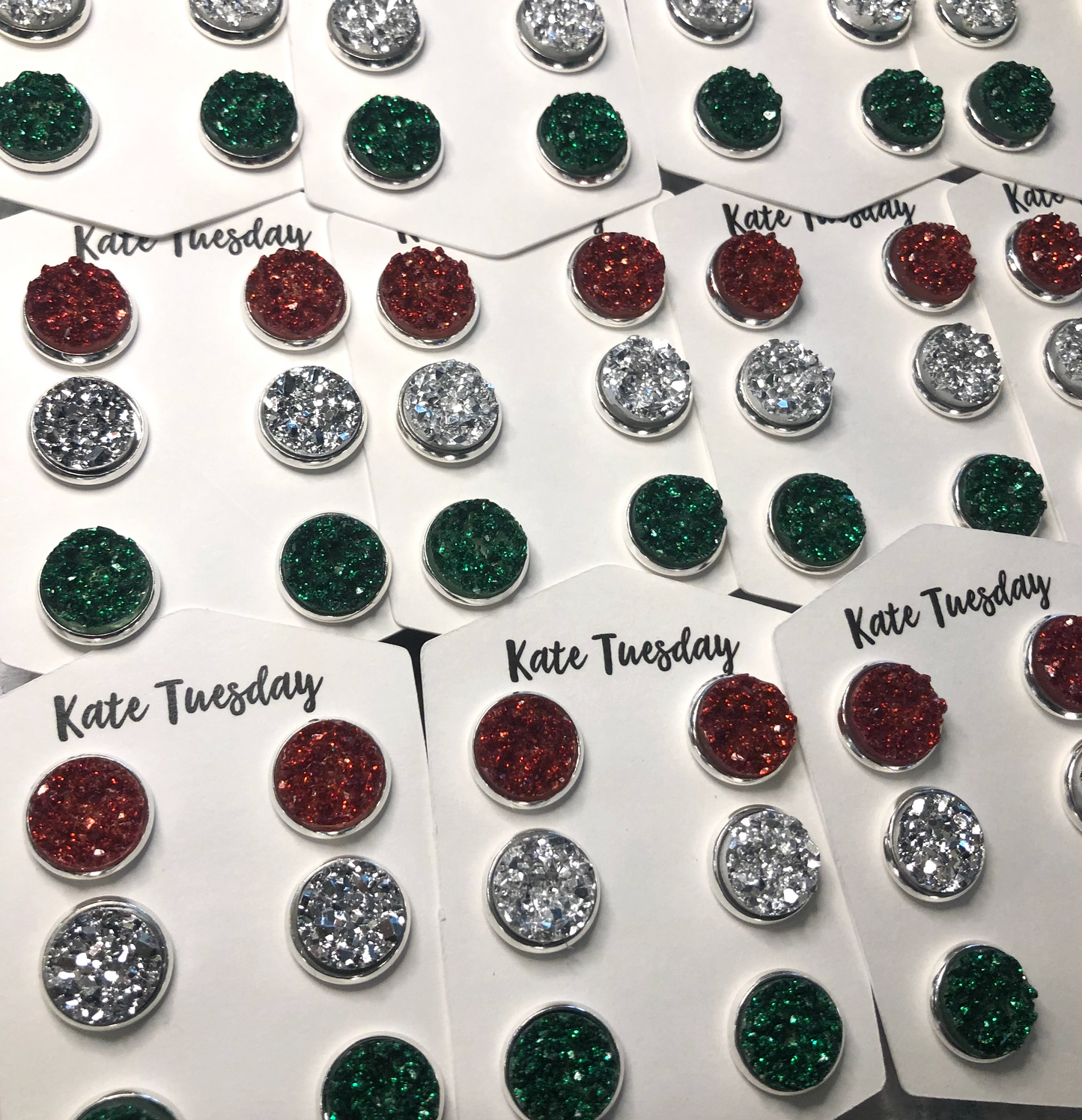 Sparkle Holiday Red, Green and Silver 10mm Druzy Triple Set
