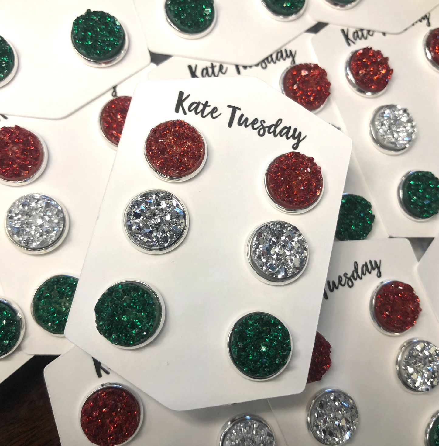 Sparkle Holiday Red, Green and Silver 10mm Druzy Triple Set