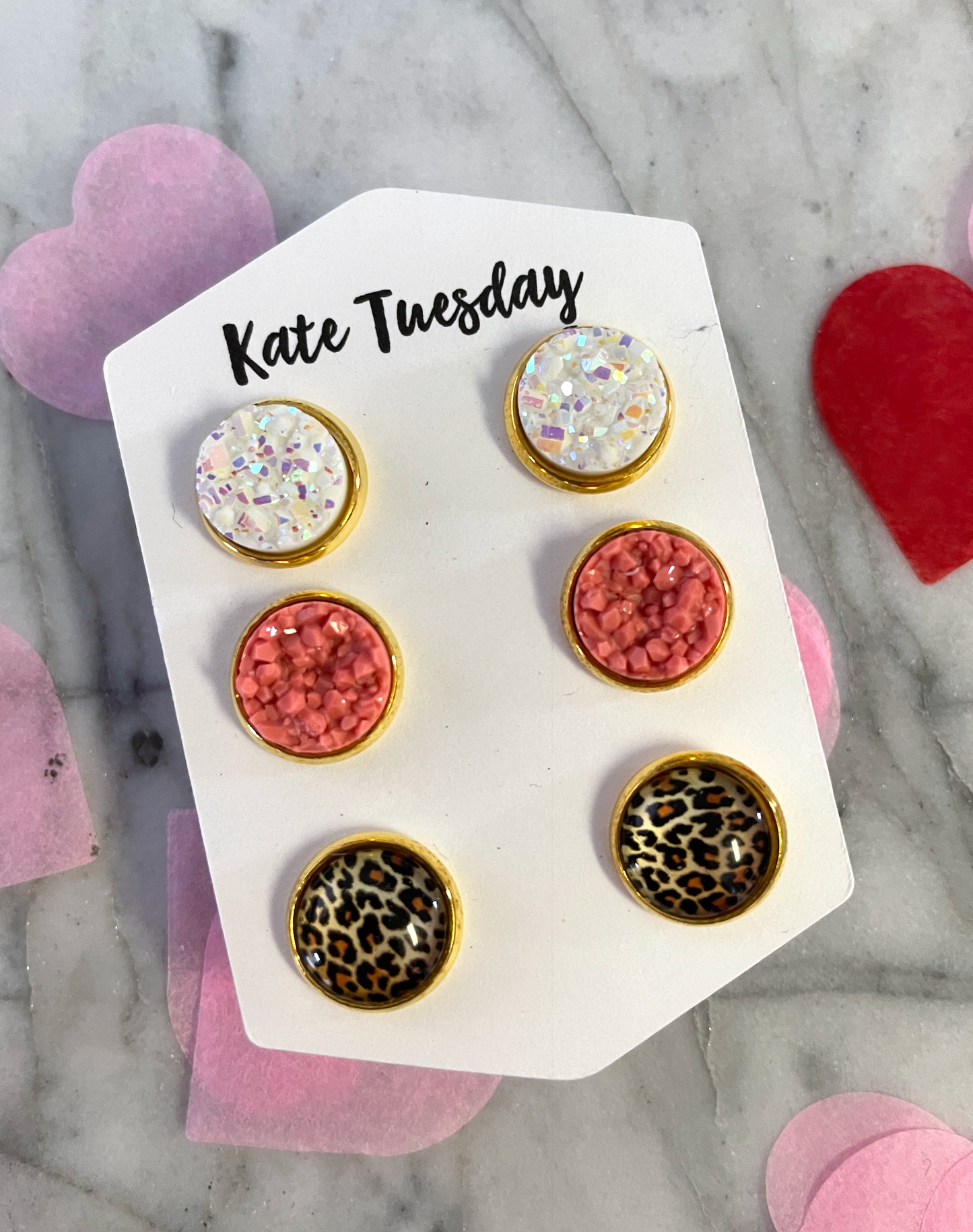 Cheetah, White, Peach Pink 10mm Druzy Triple Set Earrings