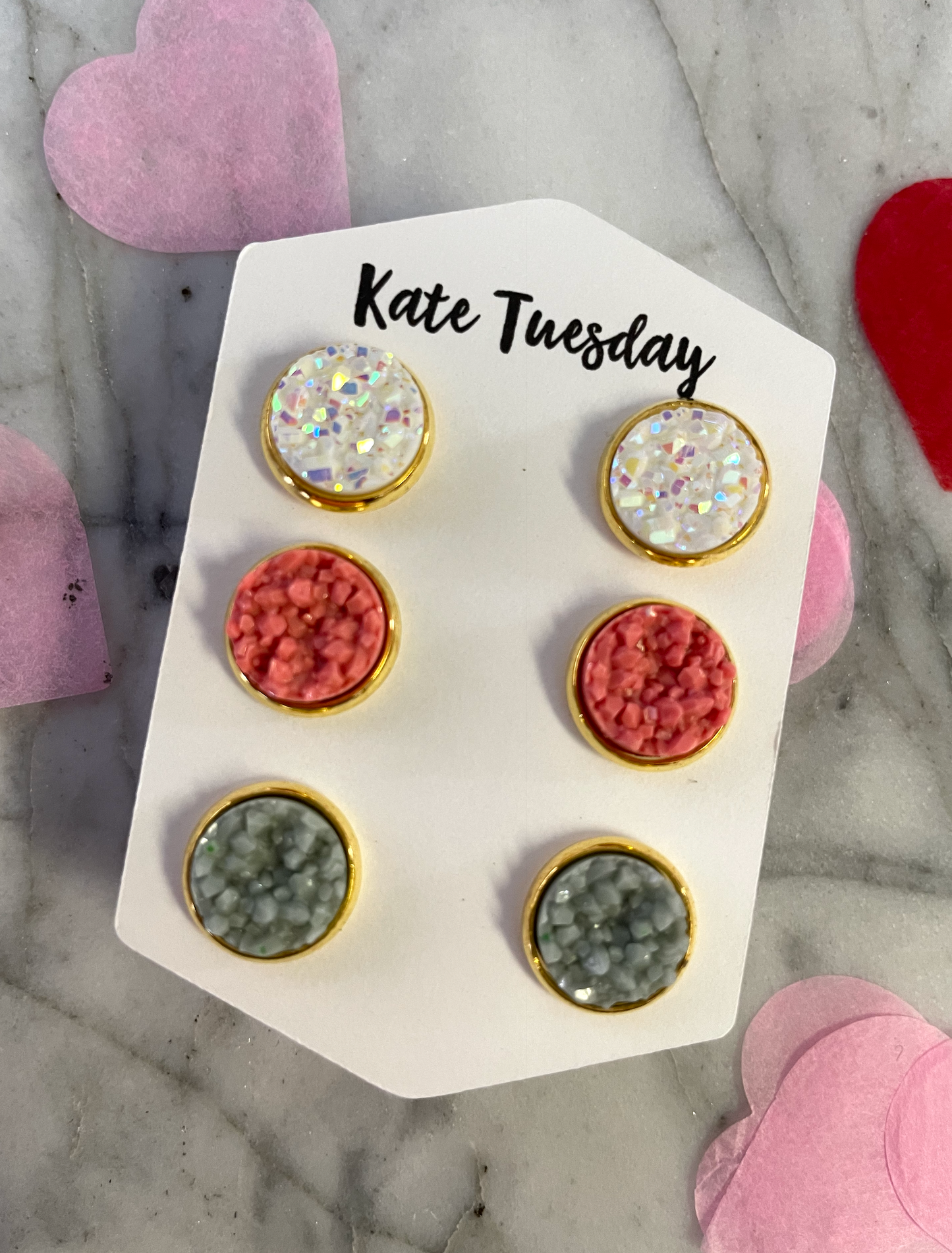 Grey, White, Peach Pink 10mm Druzy Triple Set of Earrings