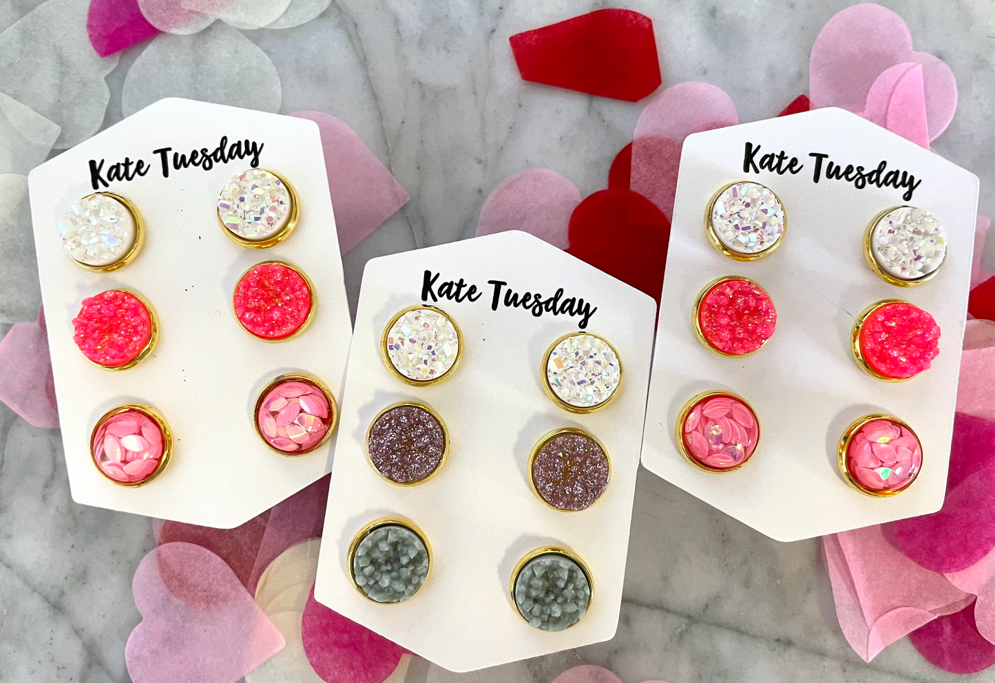 Hot Pinks Valentines 10mm Druzy Earring Triple Set