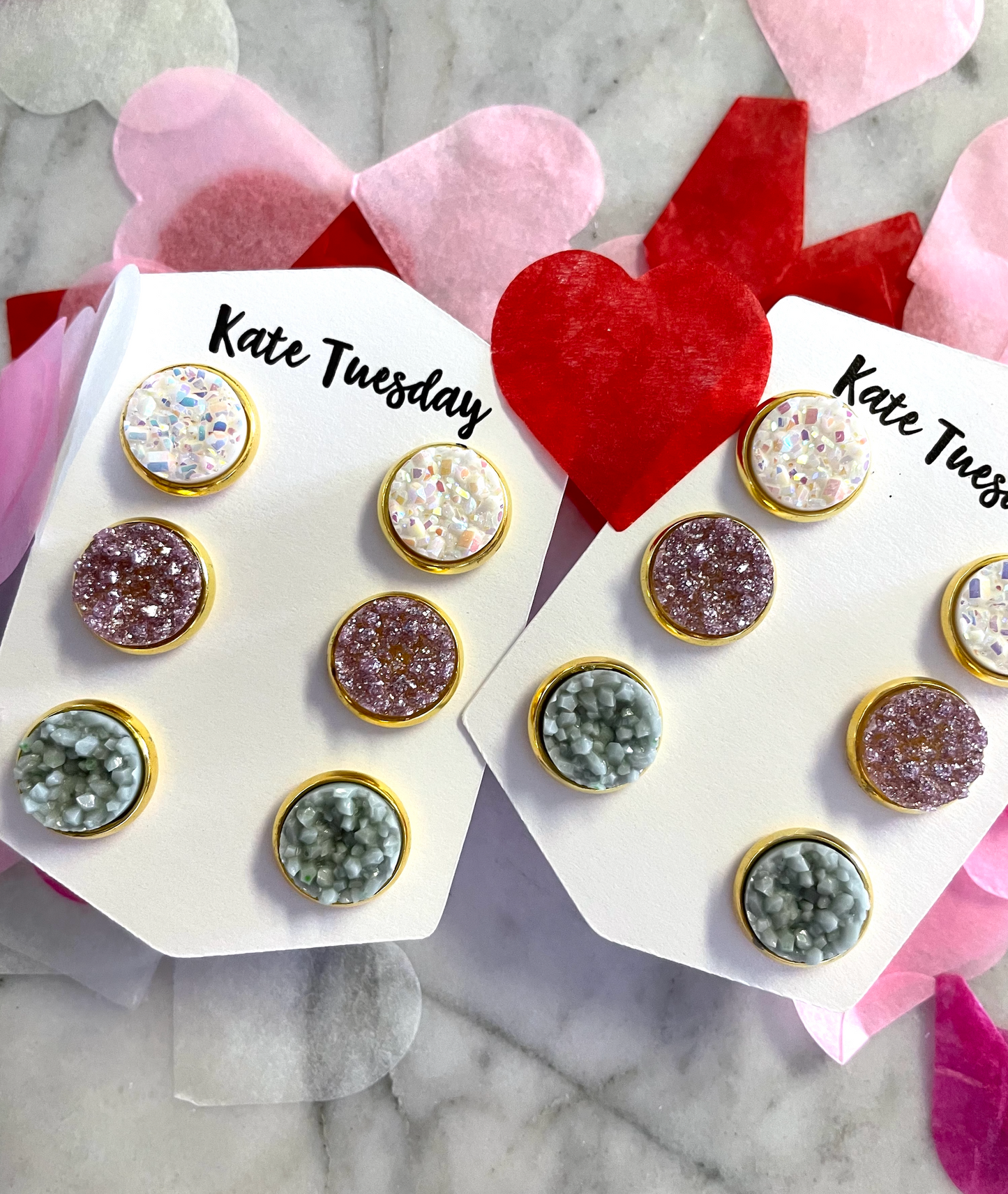 White, Sparkly Purple + Grey Valentines 10mm Druzy Earring Triple Set