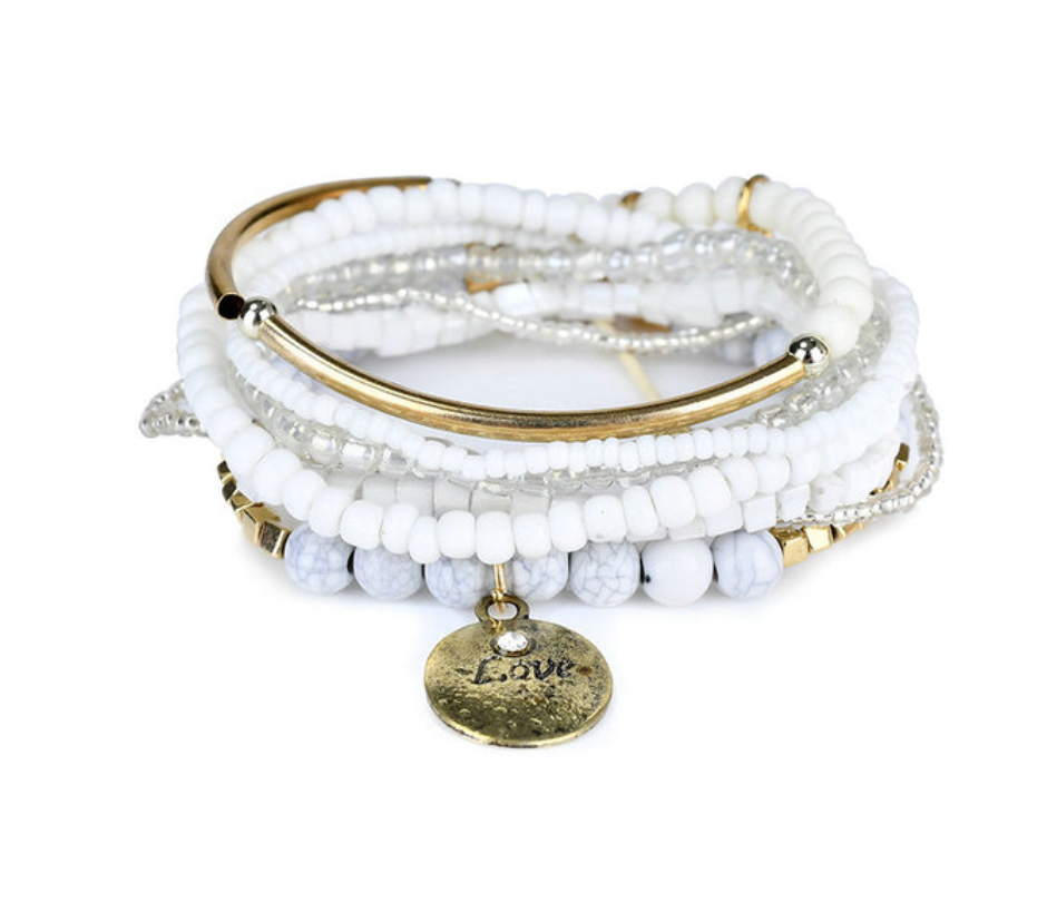 White Love Beaded Stretchy Bracelet
