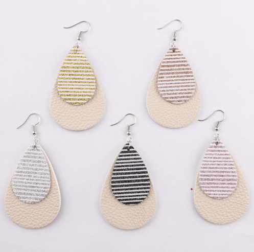 Striped Leather Glitter Hang Earrings Rose Gold