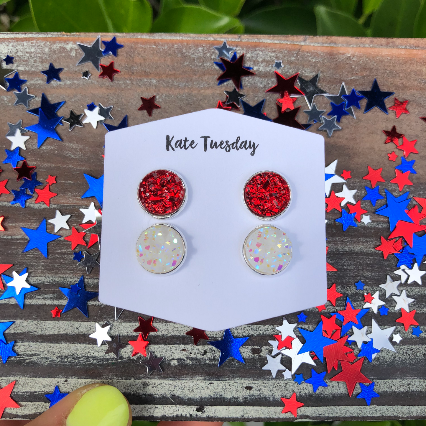 Red and White Double Set Druzy Earrings 10mm