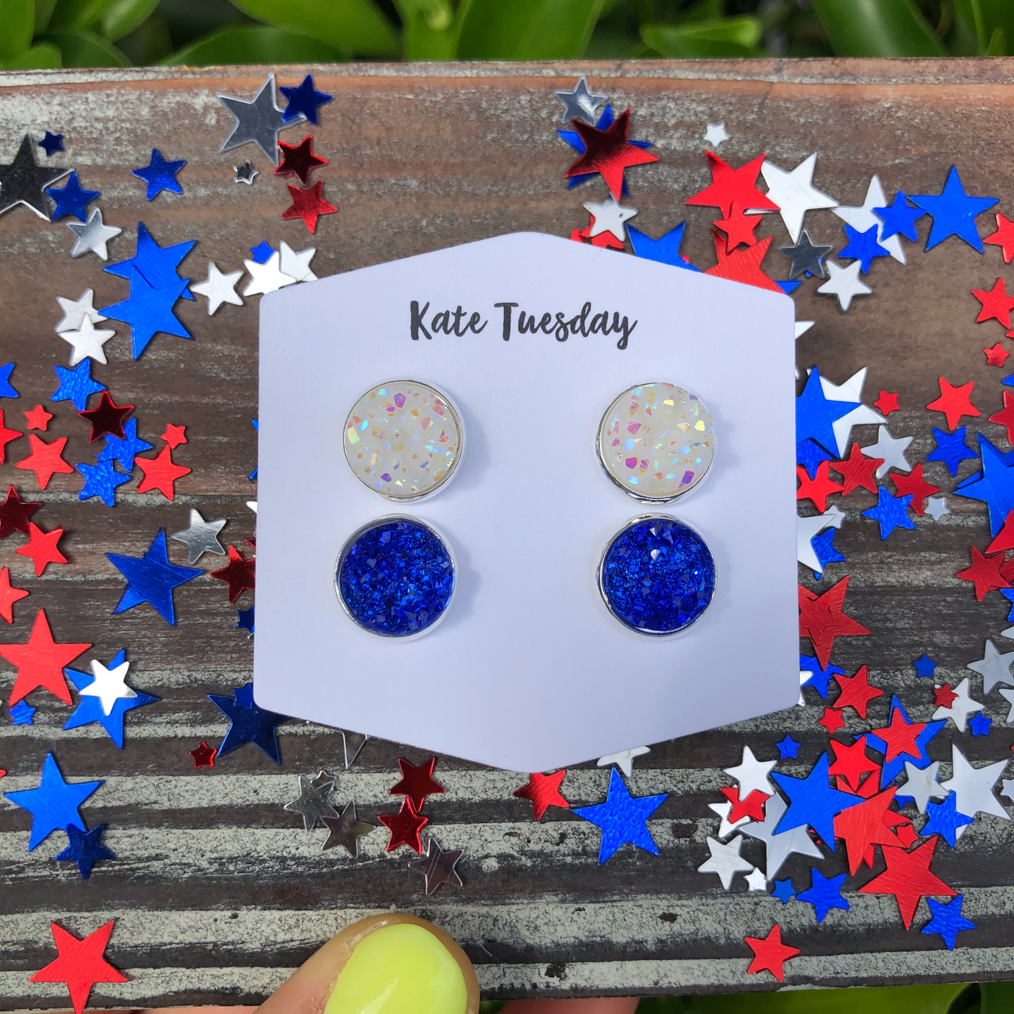 White and Blue Double Set Druzy Earrings 10mm