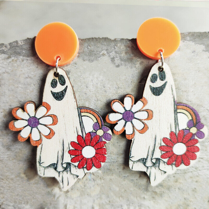 Happy Ghost Halloween Wood Earrings