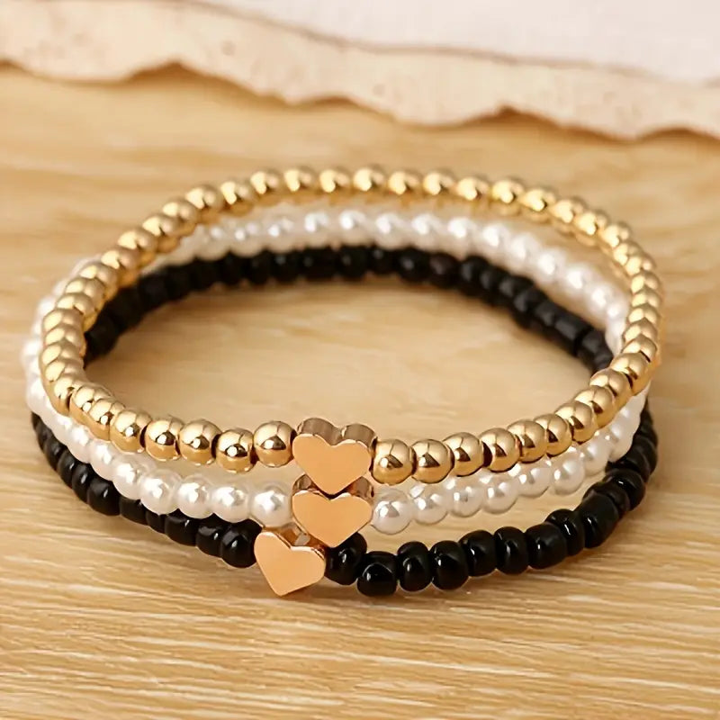 Metallic Heart Stretchy Bracelets Set