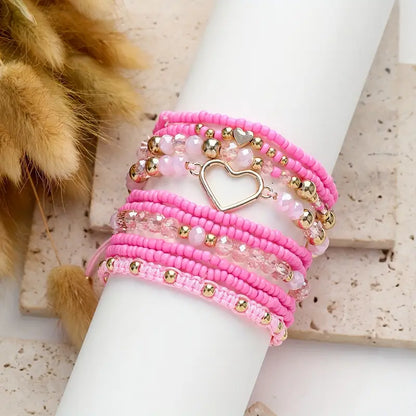 Gold Heart Pink Beaded Valentines Bracelet Set