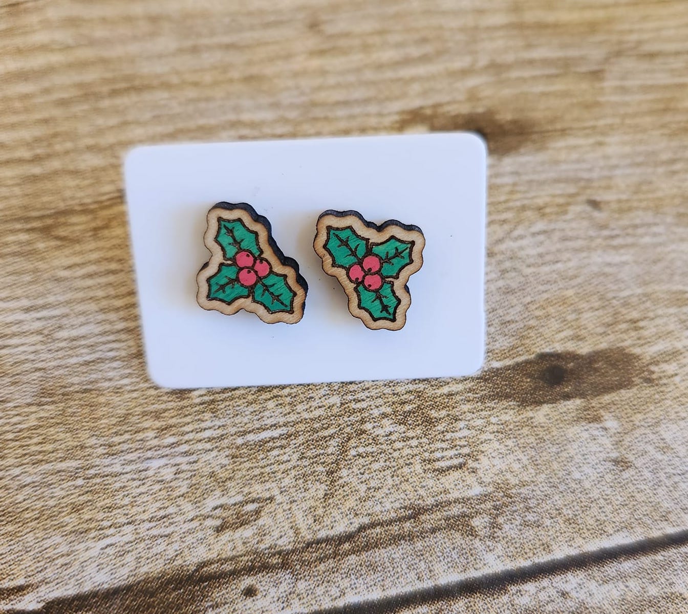 Christmas Holly Wood Stud Earrings