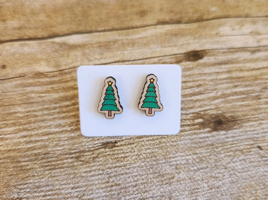 Christmas Tree Wood Stud Earrings