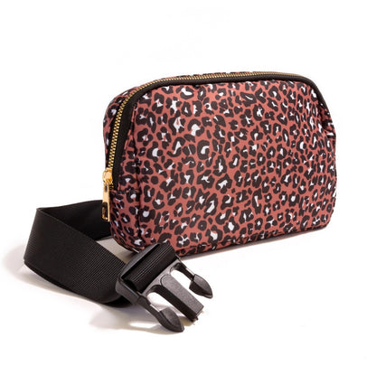 Brown Leopard Animal Print Cross Body Nylon Belt Bag