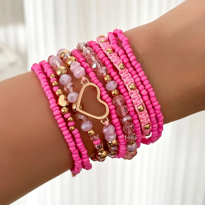 Gold Heart Pink Beaded Valentines Bracelet Set