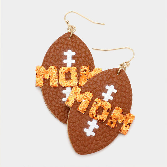 Orange Glitter Mom Football Leather Earrings