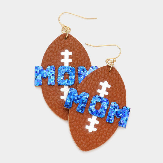 Royal Blue Glitter Mom Football Leather Earrings