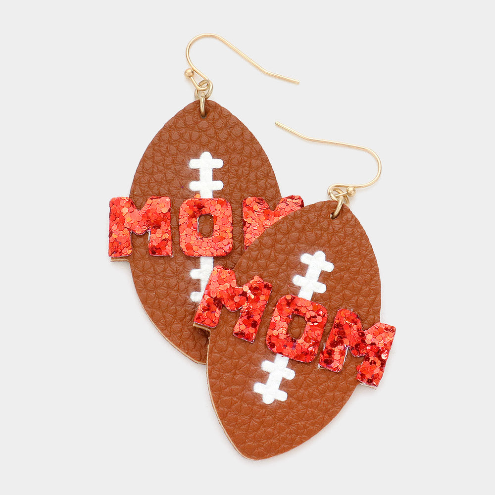 Red Glitter Mom Football Leather Earrings