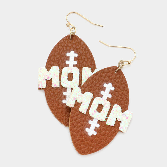 White Glitter Mom Football Leather Earrings