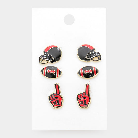 Red and Black Triple Set Football Earrings PRE ORDER