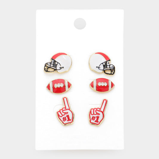 Red and White Triple Set Football Earrings PRE ORDER