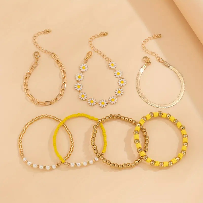 🌼7 Piece Gold Floral Bracelet Set