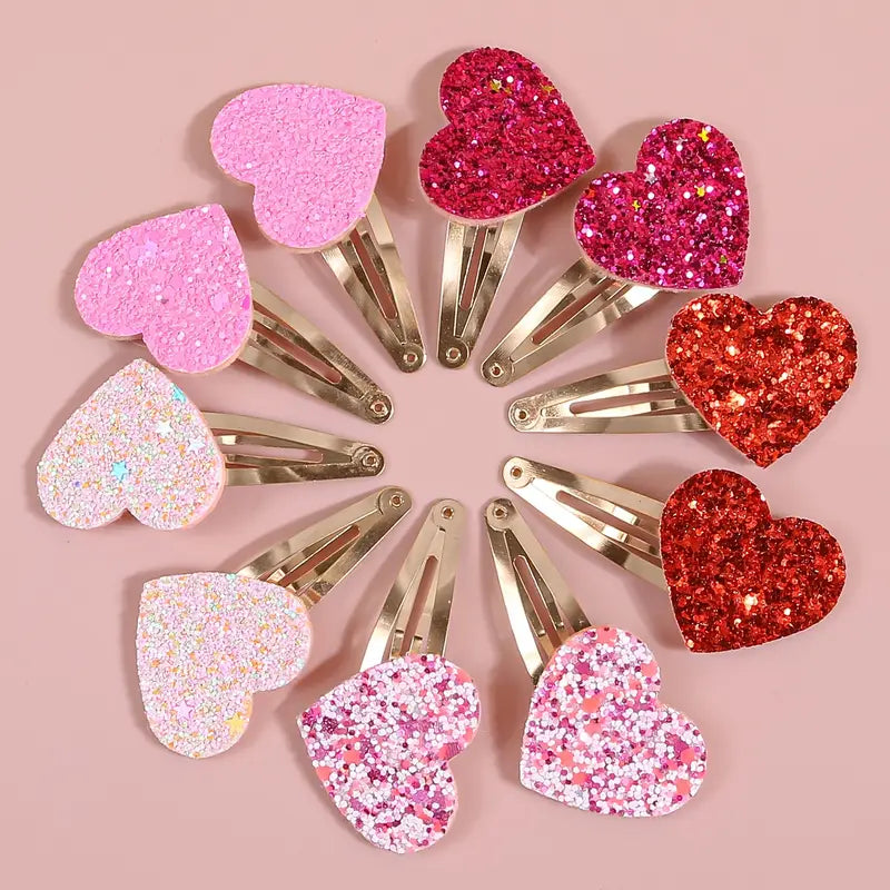 Valentine's Glitter Heart Hair Clips Pack of 10