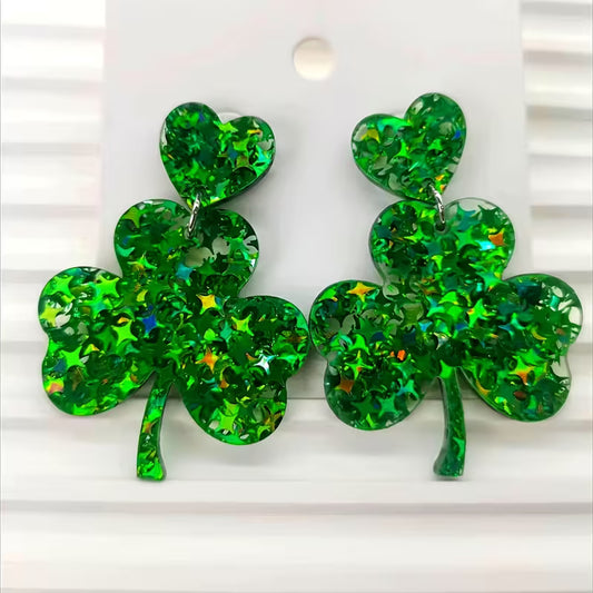 Acrylic Shamrock Glittery Green Earrings