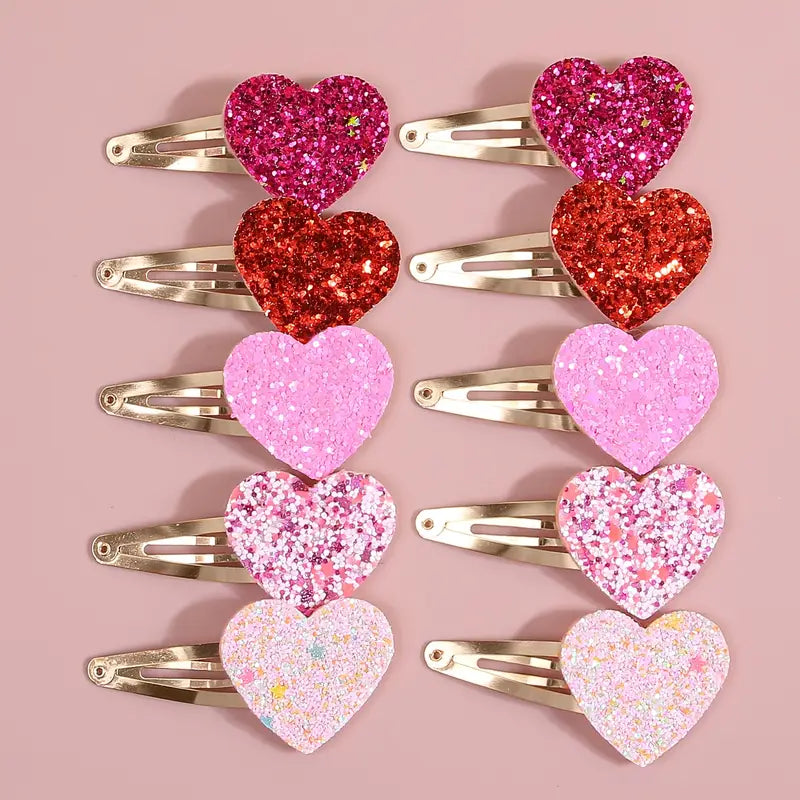Valentine's Glitter Heart Hair Clips Pack of 10