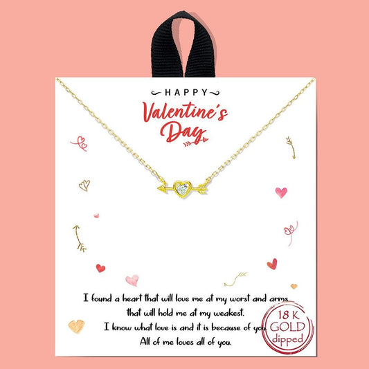 Valentines Day Gold Heart and Arrow Necklace on Card