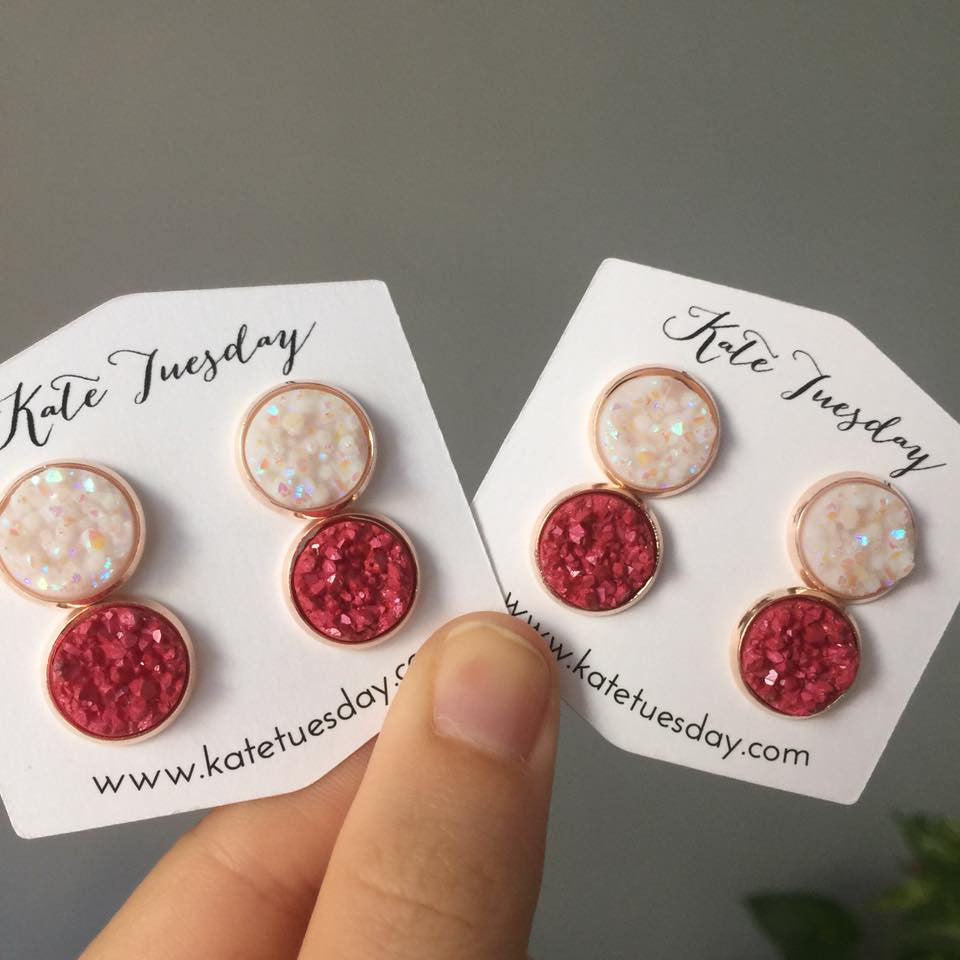 Red and White Double Druzy Earrings Set